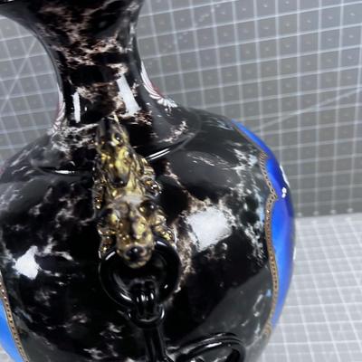 Antique Asian Vase Navy Phoenix and Dragon