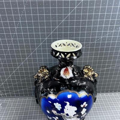 Antique Asian Vase Navy Phoenix and Dragon