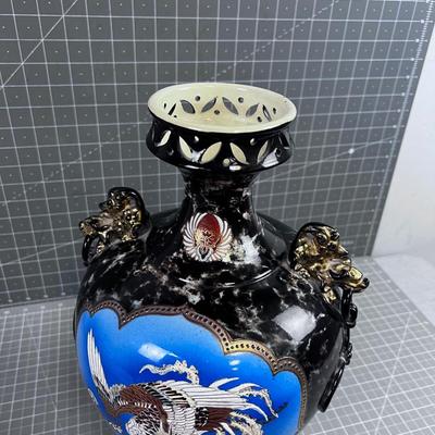 Antique Asian Vase Navy Phoenix and Dragon
