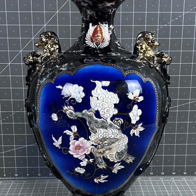 Antique Asian Vase Navy Phoenix and Dragon