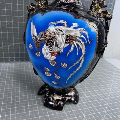 Antique Asian Vase Navy Phoenix and Dragon