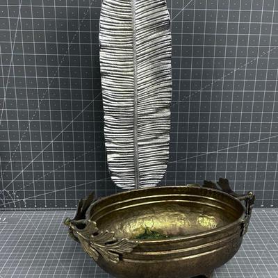 Brass Planter and Feather Sculpture