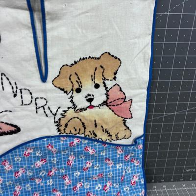 Antique Embroidered Laundry Bag - Puppy & Butterfly ! 