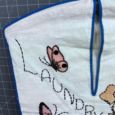 Antique Embroidered Laundry Bag - Puppy & Butterfly ! 