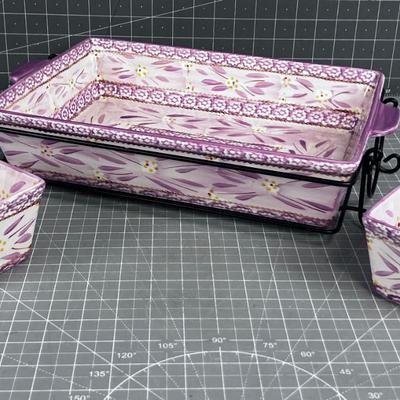 TEMPTATIONS Oven to Table. Rectangle -With Carrier and Cradle & Dip Bowls 
