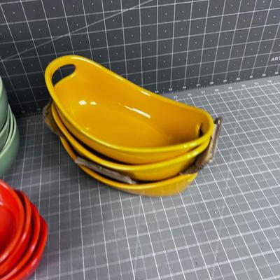Colorful Bowls; Orange, Sage, Mustard Tones. 