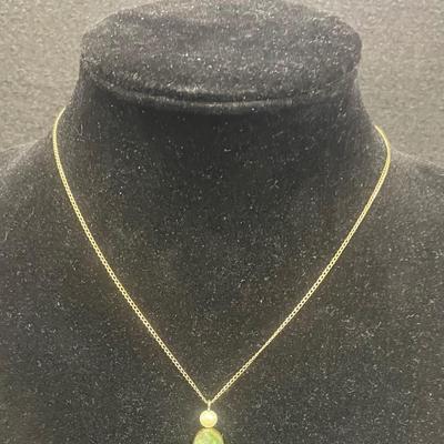 Gold Tone 15" Necklace with Faux Pearl and Green Stone Pendant Set in 1/20-12K GF