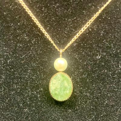 Gold Tone 15" Necklace with Faux Pearl and Green Stone Pendant Set in 1/20-12K GF