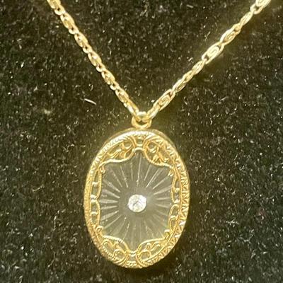 1928 Gold Tone Necklace with Clear Pendant w/Faux Diamond