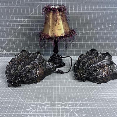 Small Table Lamp and Pair Wall Pockets 