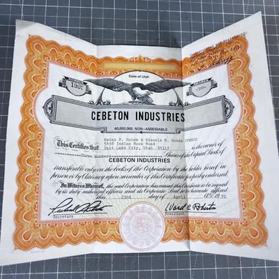 1970's Stock Certificate CEBETON Industries 