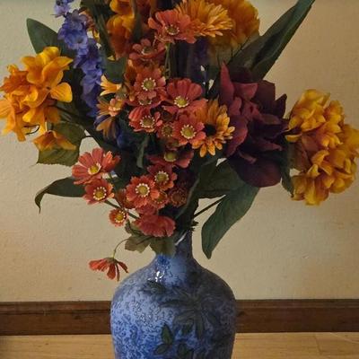 Blue Ceramic Floral Vase with Faux Flowers