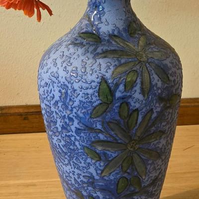Blue Ceramic Floral Vase with Faux Flowers