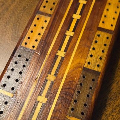 Antique Wood Inlay Cribbage Board