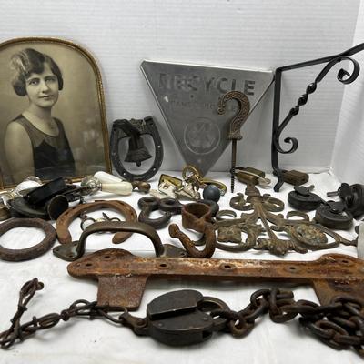 Antique Metal hooks and bits framed antique photo