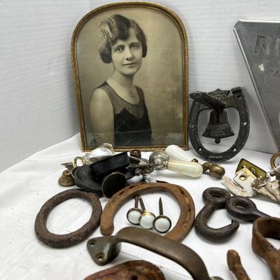 Antique Metal hooks and bits framed antique photo
