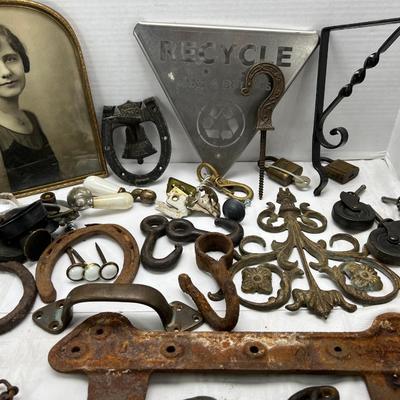 Antique Metal hooks and bits framed antique photo