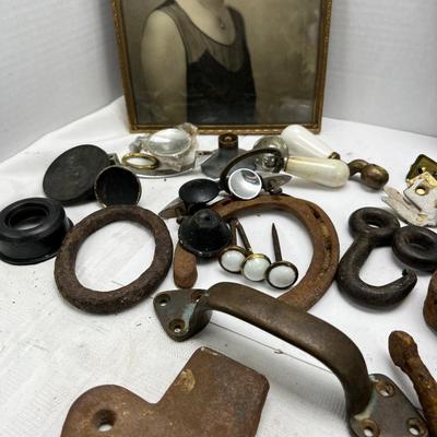 Antique Metal hooks and bits framed antique photo
