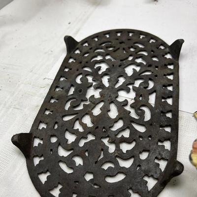 Corner 1950s scroll supports, metal trivet, Victorian enamel flower hooks