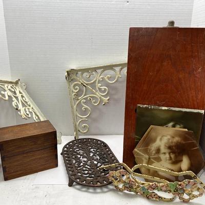 Corner 1950s scroll supports, metal trivet, Victorian enamel flower hooks