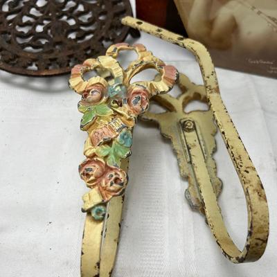 Corner 1950s scroll supports, metal trivet, Victorian enamel flower hooks