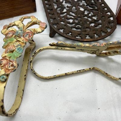 Corner 1950s scroll supports, metal trivet, Victorian enamel flower hooks