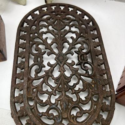 Corner 1950s scroll supports, metal trivet, Victorian enamel flower hooks