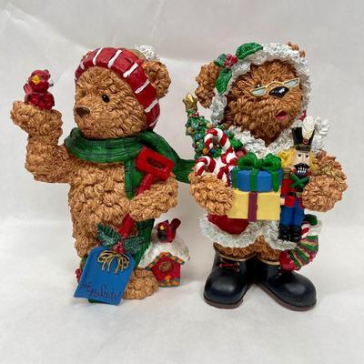 2 Christmas Bear Statues Figurines 9" tall Couple Boy & Girl