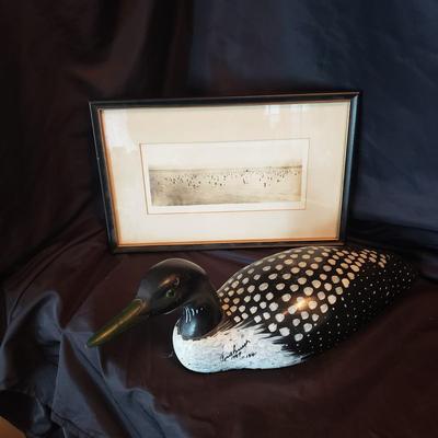 Decoy Books, a Wooden Loon by April F. and Vintage Duck on Water Framed Print (HC-KD)
