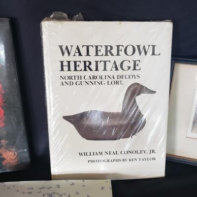 Decoy Books, a Wooden Loon by April F. and Vintage Duck on Water Framed Print (HC-KD)