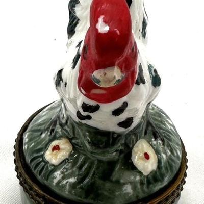 Porcelain Rooster Trinket Box with Bronze Hinged Lid Vintage