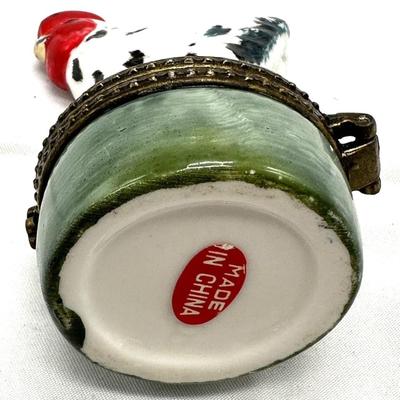 Porcelain Rooster Trinket Box with Bronze Hinged Lid Vintage