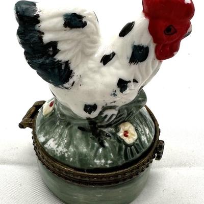 Porcelain Rooster Trinket Box with Bronze Hinged Lid Vintage