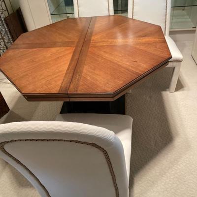 Octagonal Timber Table Octagon wood table with 4 cream upholstered chairs | EstateSales.org