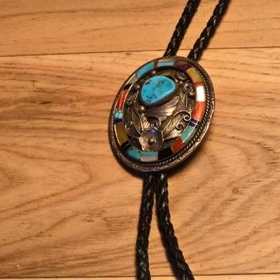 Sterling Silver and Inlay Turquoise, Coral, Onyx, and Mother of Pearl Bolo Tie