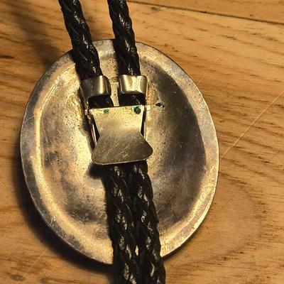 Sterling Silver and Inlay Turquoise, Coral, Onyx, and Mother of Pearl Bolo Tie