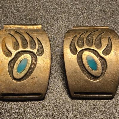 Silver Plate Navajo Style Turquoise Inlay Bear Paw Watch Band Pieces