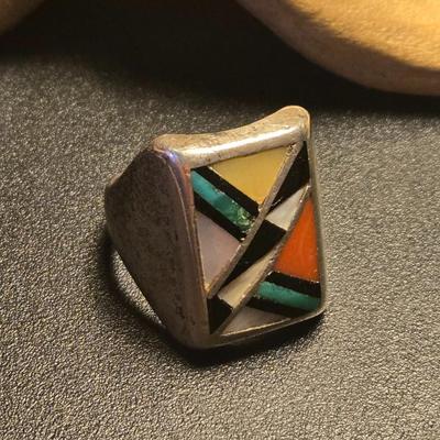 Men's Sterling Turquoise, Coral, Onyx, & MOP Inlay