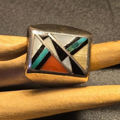 Men's Sterling Turquoise, Coral, Onyx, & MOP Inlay