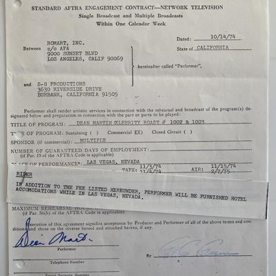 Laugh Ins Dean Martin and Dan Rowan signed document