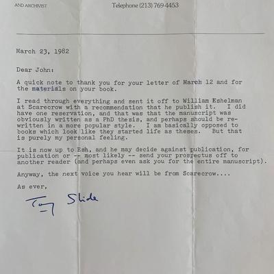 Anthony Slide Signed Letter