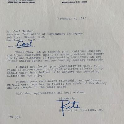 Senator Harrison A. Williams Jr. Signed Letter