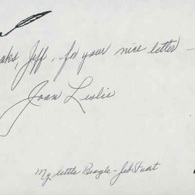 Joan Leslie signed note