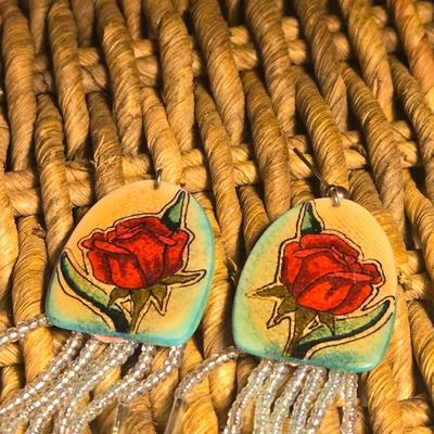 Handpainted Roses on Horn and Seed Bead Earrings