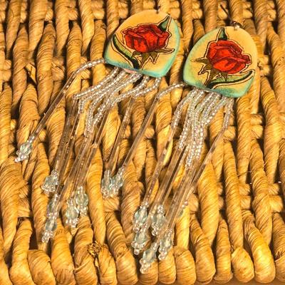 Handpainted Roses on Horn and Seed Bead Earrings