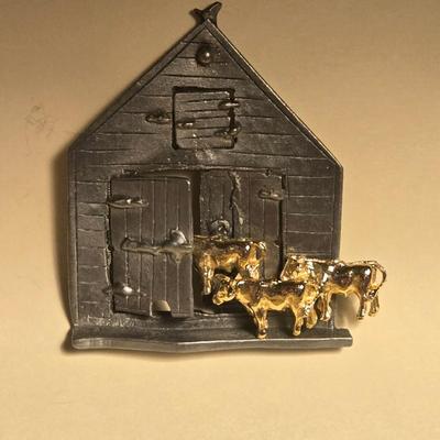 Pewter and Gold Tone Cows going into the Barn Brooch