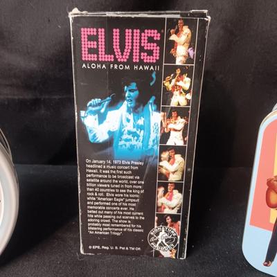 2 TIN ELVIS BOXES, WACKY WOBBLER & 3 CLOTH MASKS