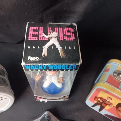 2 TIN ELVIS BOXES, WACKY WOBBLER & 3 CLOTH MASKS