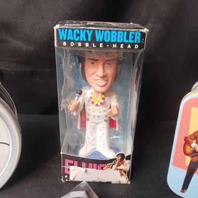 2 TIN ELVIS BOXES, WACKY WOBBLER & 3 CLOTH MASKS