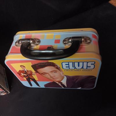 2 TIN ELVIS BOXES, WACKY WOBBLER & 3 CLOTH MASKS